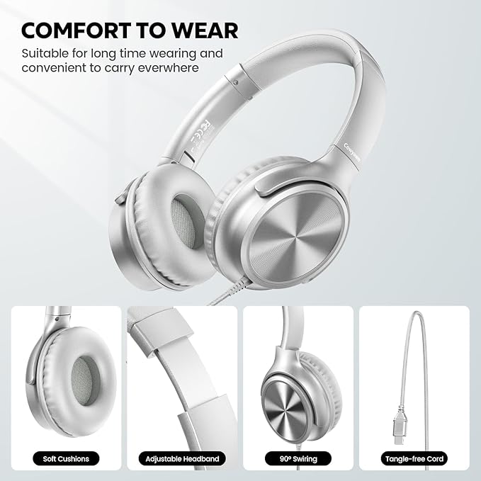 USB C Headphones Wired, Over Ear USB C Wired Headphones with Microphone, Volume Control,HD Stereo Sound,Foldable USB Type C Headphone for Adult/Teens/Laptop/Computer/iPhone 15/16 Series,Silver