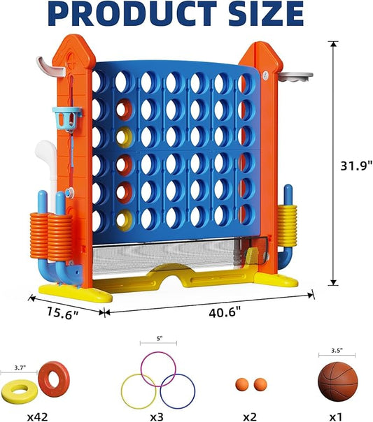 Giant Connect Game - Jumbo 4-to-Score Giant Set with 42 Jumbo Rings,Row Board Game 4 - Connect with Basketball Hoop, Perfect for Kids, Family and Party Floor Games