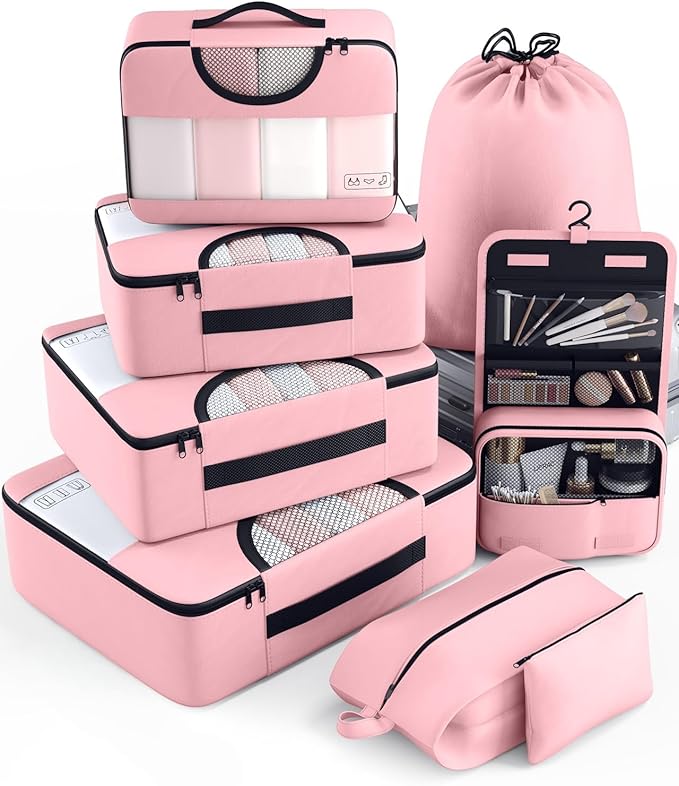 Veken 8 Set Packing Cubes for Travel Essentials, Pink Suitcase Organizer Bags in 4 Sizes, Carry-On Luggage Accessories with Large Laundry & Hanging Toiletry Bag, Must-Have for Airplane, Road Trip