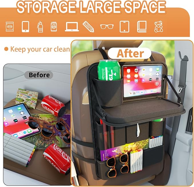 GMQ Backseat Car Organizer with Tray,Back Seat Car Organizer for Kids,Multifunctional Seat Back Organizer with Foldable Tablet Holder (Black, 1PC)