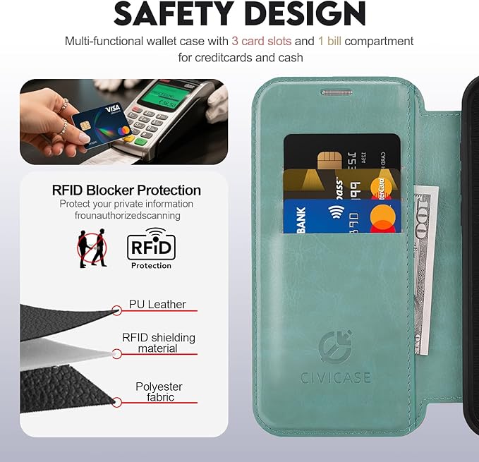CIVICASE for iPhone 16 Pro Max Wallet Case with Stand,PU Leather Flip Credit Card Holder Slots (RFID Blocking),Compatible with Magsafe Magnetic Holder Phone Cover Women Men,Green