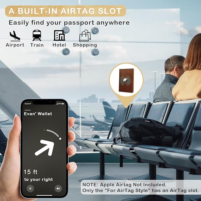 Airtag Passport Holder for Men and Women Travel, Real Leather Passport Wallet, Handmade Passport Cover Case with Airtag Slot, Travel Must Haves Essentials Accessories Birthday Gift(Crazy Horse,Coffee)