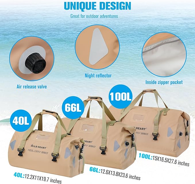 WILD HEART Waterproof Motorcycle Duffel Bag PVC500D Double-bottom With Rope Straps and Inner Pocket 40L 66L 100L for Kayaking, Camping, Boating,Motorcycle