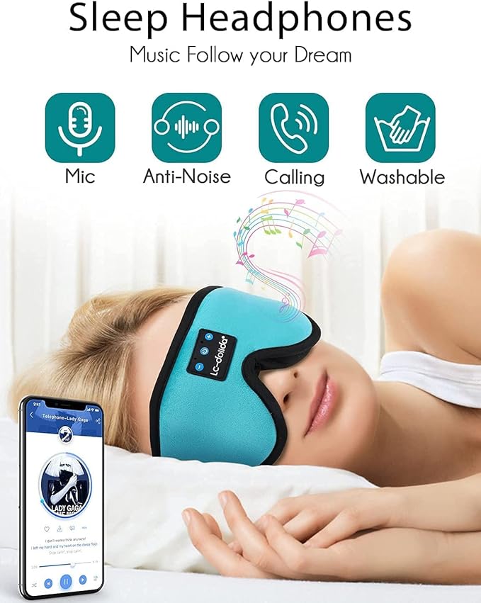 LC-dolida Sleep Headphones, Sleep Mask Bluetooth Wireless Music Eye Mask, Sleeping Headphones for Side Sleepers Sleep Mask with Bluetooth Headphones Ultra-Thin Stereo Speakers Perfect for Sleeping