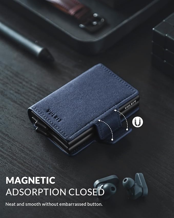 VULKIT Credit Card Holder RFID Blocking Leather Automatic Pop Up Wallet Magnetic Wallet Double Card Case for Men and Women