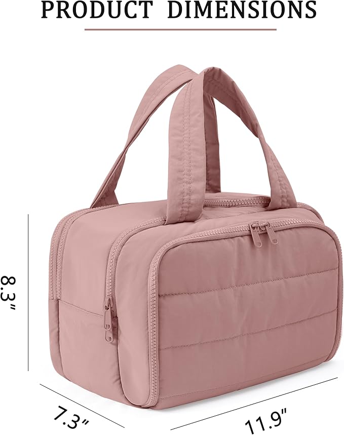 Travel Toiletry Bag for Women, Large Wide-open Puffy Cosmetic Makeup Bag with Wet-Dry Separation, Multi-Pocket Organizer with Carry Handle for Toiletries, Cosmetics, Essentials, Dark Pink