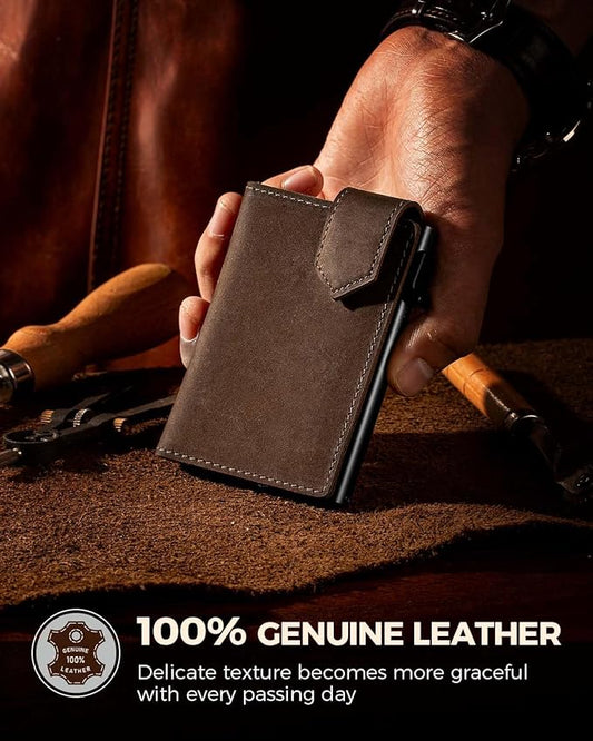 LORZOR Slim Wallet for Men with Security Latch, Pop Up Metal Card Holder Wallet, Finest Full Grain Leather Bifold Wallets, Smart, Minimalist, RFID Blocking, Front Pocket, ID Window