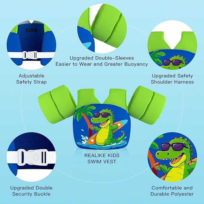 REALIKE Kids Swim Vest for Toddler Floaties Swimming Aids with Shoulder Harness Arm Wings for Children/Infant/Baby,Sea Beach/Pool/Lake, Suitable for 28-70lbs Boys/Girls