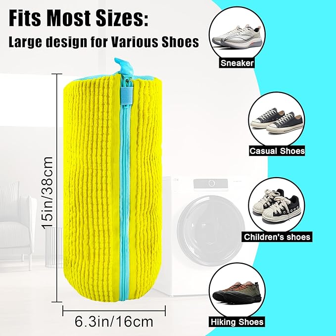 XXL Shoe Washing Machine Bag - 2-Pack Reusable Shoes Cleaning Bags, 360° Deep Clean for Tennis Shoes, Sneakers and Slippers, Includes 2 Shoe Storage Dust Bags (Yellow)
