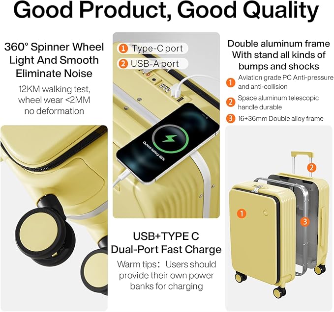 mixi Large Checked Luggage with Cup Phone Holder and Charger Hard Shell Suitcases with Spinner Wheels, 26 Inch Lark Yellow
