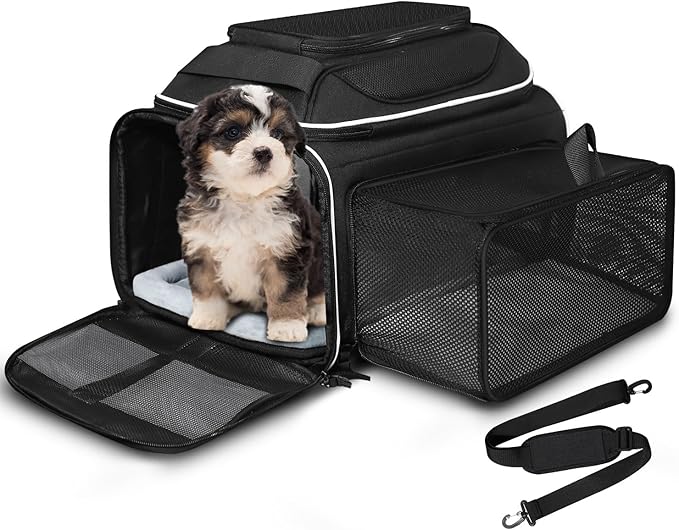 Petskd Top and Side Expandable Pet Carrier 18x11x11 Inches Delta United Airline Approved, Soft-Sided Carrier for Small Cats and Dogs with Locking Safety Zippers and Anti-Scratch Mesh(Black)