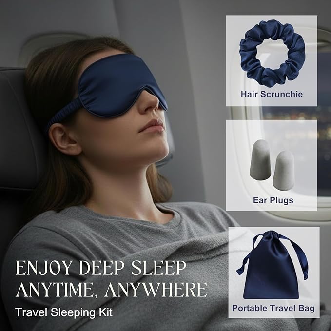 Silk Satin Sleeping Eye Mask, Navy Sleep Eye Night Blindfold for Women and Men, Soft Breathable Blackout Eyeshade Eye Cover for Travel, Wedding Bridesmaid Gift