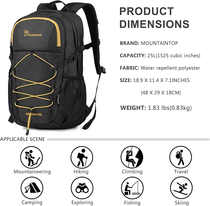 MOUNTAINTOP Hiking Backpack,25 Camping Backpack, Men Women Hiking Daypack Lightweight Travel Backpack for Climbing(Black)