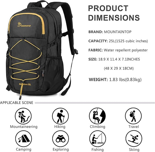 MOUNTAINTOP Hiking Backpack,25 Camping Backpack, Men Women Hiking Daypack Lightweight Travel Backpack for Climbing(Black)