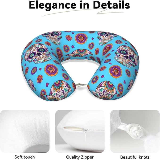 Neck Pillow Memory Foam Chin Cushion with Breathable Cover Mexican Sugar Skulls Day of The Dead Cross Flowers Green, Cute Airplane Car Pillows for Office Head Pain Relief