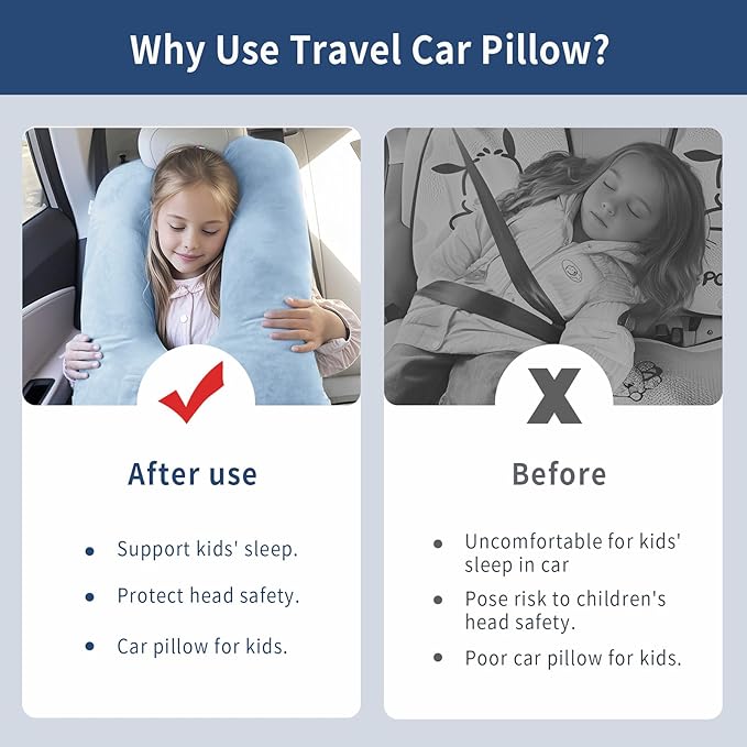 Car Pillow for Kids, Travel Pillow for Car, Toddler Travel Pillow for Sleeping Carseat Pillow for Adults, Removable and Washable Covers, Long Car Ride Essentials, Blue-Skin-Friendly