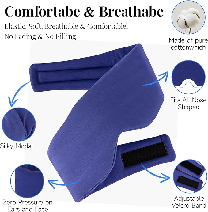 Cotton Sleep Eye Mask for Men, 100% Blocking Light Eye Mask Sleeping for Side Sleeper, Soft Zero Pressure Cooling Blackout Eye Covers for Sleeping, Sleep Mask fits All Heads Adjustable（Blue）