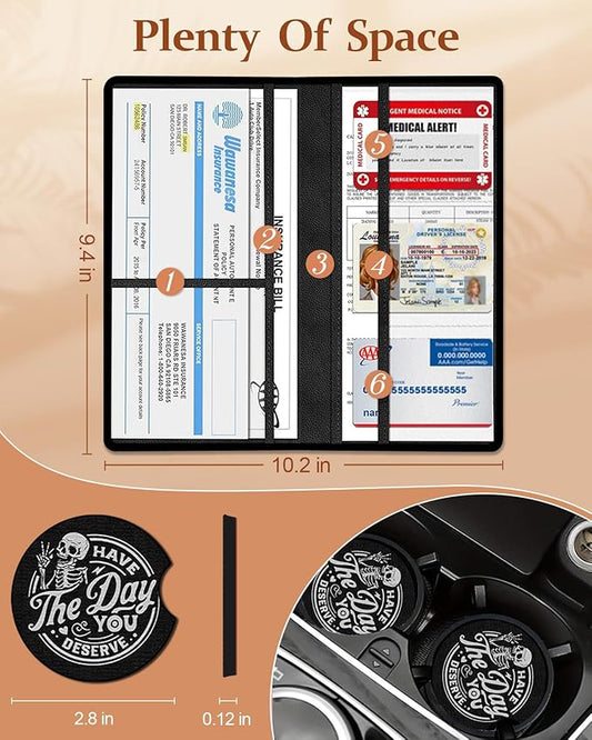 Slohif Car Registration and Insurance Card Holder - Skeleton Vehicle Glove Box Organizer Women with Magnetic Shut Leather Automobile License Holders Coasters Auto Accessories Case for Document