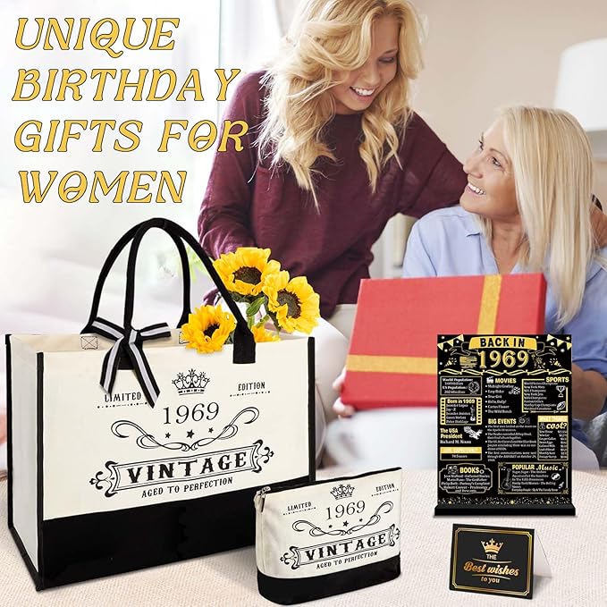 YeohJoy 56th Birthday Gifts for Women Canvas Tote Bag Travel Gear, Unique 56 Years Old Birthday Gifts for Girlfriend Sister Friends Her, Vintage 1969 Handbag & Cosmetic Bag & Back in 1969 Poster