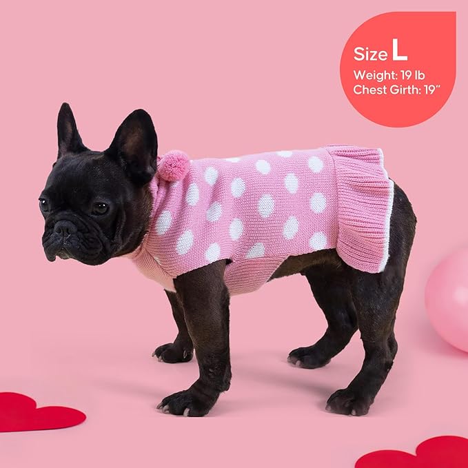KYEESE Valentines Dog Sweater Dress, Warm Dog Sweaters for Small Medium Dogs Girl, Cozy Pullover Dog Clothes Pet Apparel with Leash Hole, Pink Dot, XL