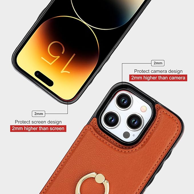 Folosu Compatible with iPhone 15 Pro Case Wallet with Card Holder, 360°Rotation Finger Ring Holder Kickstand, RFID Blocking Leather Protective Double Buttons Shockproof Cover 6.1 Inch Brown