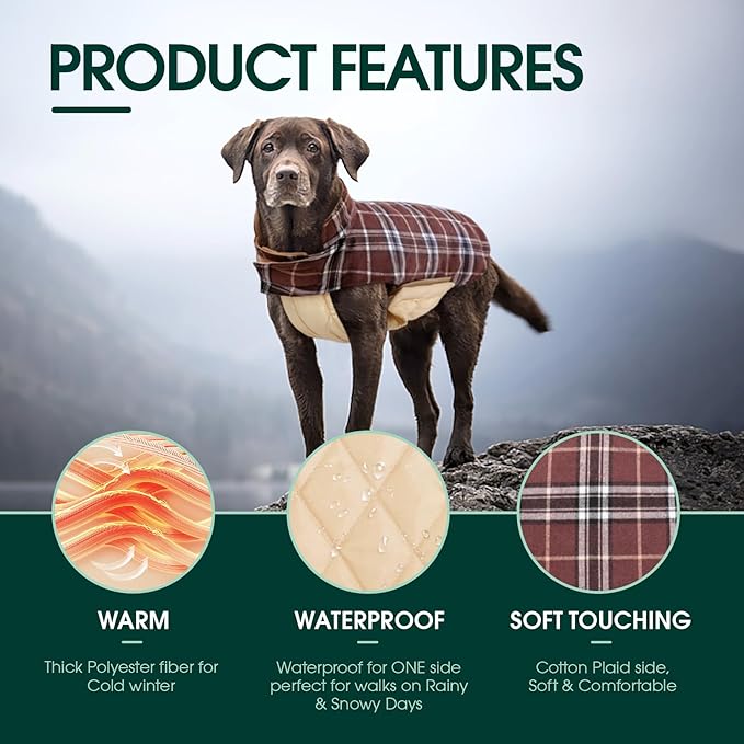 Kuoser Waterproof Dog Coat, Reversible Dog Jacket for Small Dogs, Adjustable Durable Doggie Winter Coat Warm Cozy Puppy Cold Weather Apparel from Small to Large Breed, Brown S