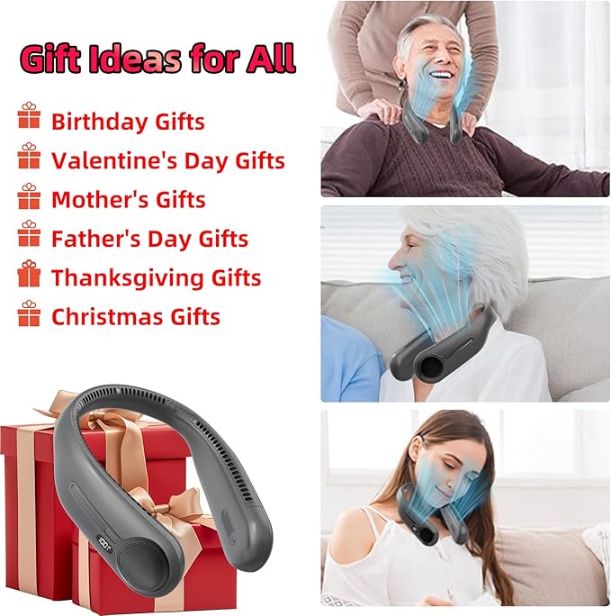 Portable Neck Fan,Hands Free Personal Wearable Bladeless Fan,6000mAh USB Rechargeable,360° Cooling,LED Display,4-Speeds,Birthday Gifts for Men Women Dad Mom,Christmas Gifts (Dark grey)