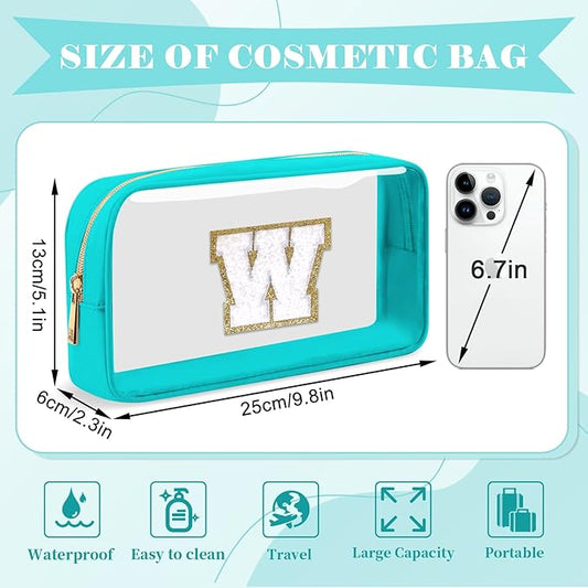 Personalized Initial Letter Clear Makeup Bag,Preppy Small Nylon&PVC Cosmetic Zipper Bag with Chenille Letter,Portable Beach Travel Skincare Toiletry Bag,Trendy Monogram Gift for Teen Girls Women,W