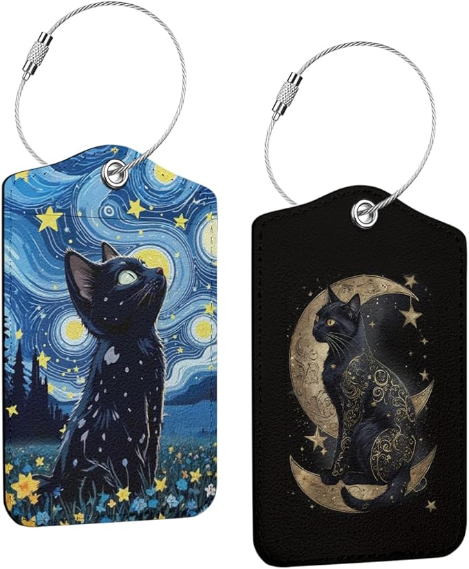 2 PCs Cat Stuff Luggage Tag, Suitcase Tags with Privacy Flap and Metal Loop, Luggage Tags for Suitcases, Identifiers Travel Essentials Bag Tag, Cat Lovers Gifts for Women Girls Friends Daughter