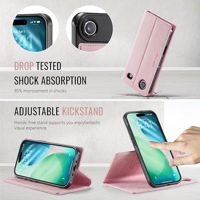 PlusnapX Wallet Case for iPhone Air Compatible with Magsafe, 2-in-1 PU Leather Flip RFID Blocking Card Holder Stand ShockAirof Magnetic Detachable Cover for iPhone 17 Air Case 6.5", Pink