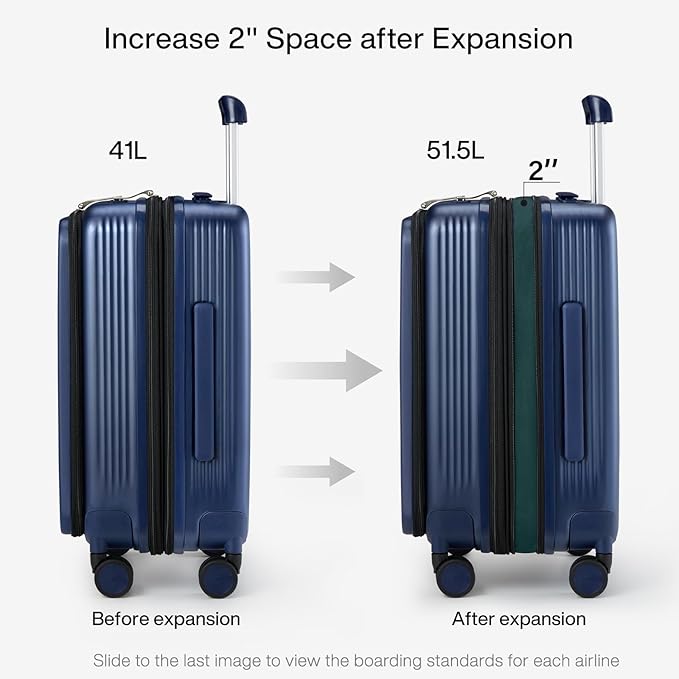 Hanke Grace Expandable Carry On Luggage with Wheels Airline Approved Hard Shell Suitcases with Front Pocket，Top Opening Luggage with TSA Lock for Short Business Travel, Dark Blue.