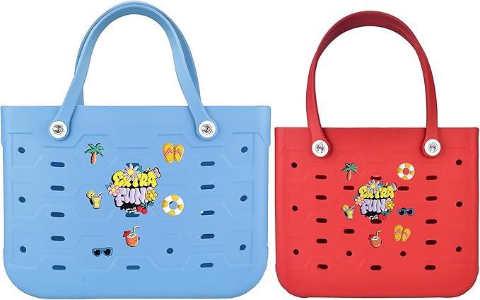 2-Piece Tote Bag Set, Waterproof Rubber Beach Bag with Summer Pattern, Medium & Large Handbag for Pool, Beach, Boat