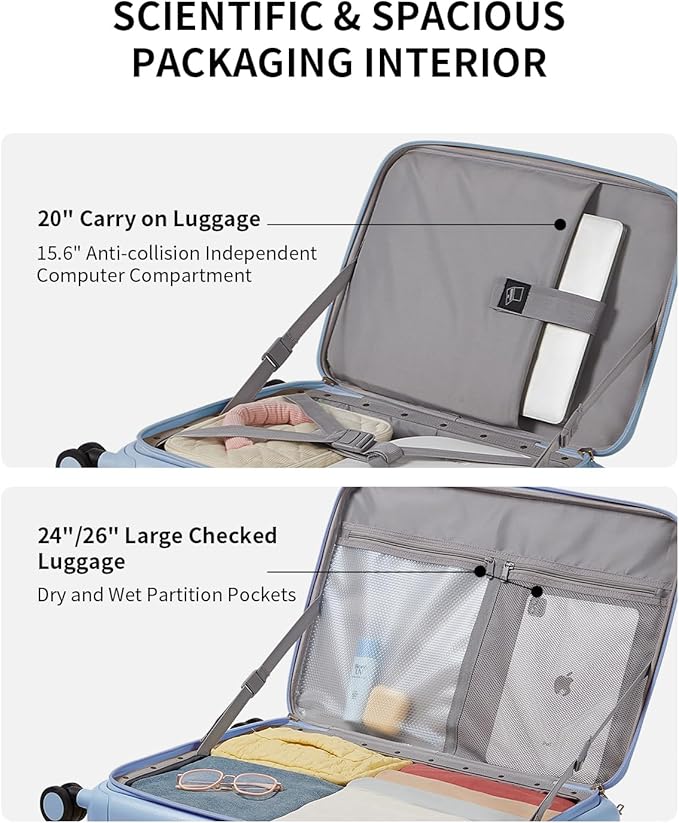 aji Expandable Top Open 24 Inch Checked Luggage with Spinner Wheels, Large Suitcase with TSA Lock, Hardside Travel Luggage Suitcases for Men Women, for 14+Days Travel, Blueberry Blue