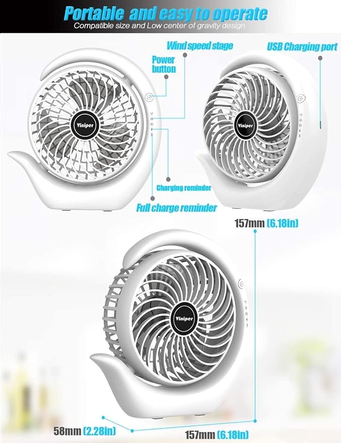 Viniper Portable Rechargeable Fan, Small Desk Fan : 3 Speeds & 8-24 Hours Longer Working, 180 Rotation, Portable USB Battery Fan for Office/Home (Black-Blue)6.2 inch