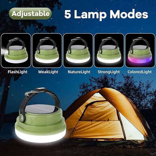 Solar Camping Lantern Rechargeable, 2-in-1 10000mAh Rechargeable Camping Light and Phone Charger for Hiking,Travel - Emergency Hanging Light for Hurricane, Power Outage, 200W, Green