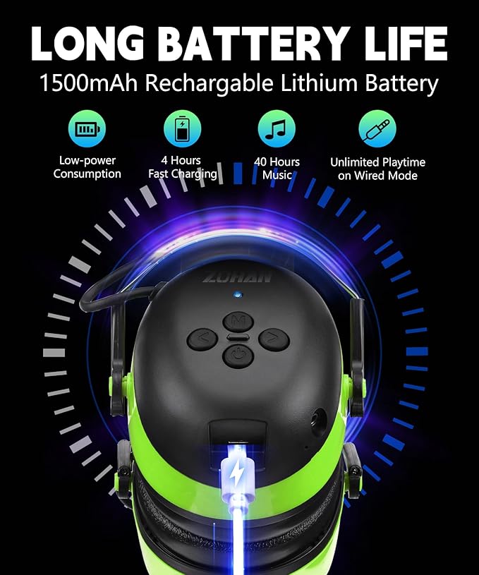ZOHAN EM037 Bluetooth Hearing Protection,30dB SNR Noise Reduction Ear Protection with 1500mAh Rechargeable Battery,Headphones with 40H playtime for Mowing, Snowblowing, Construction,Workshops