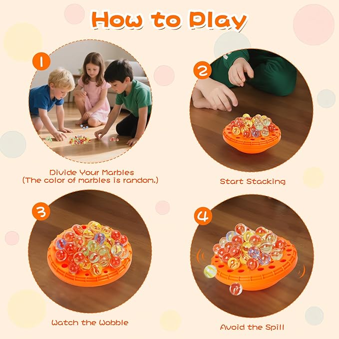 Marble Balance Game - 50 Colorful Marbles with Built-in Storage, Fun Family Challenge for 1-4 Players, Educational Toy for Kids & Adults, Perfect for Parties, Travel & Birthday Gifts (Pumpkin Orange)