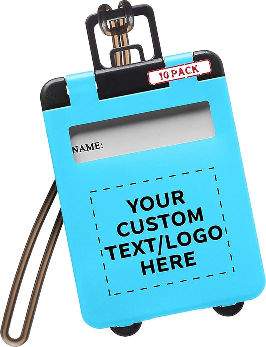 10 Mini Carry-on Luggage Tags Pack - Customizable Text, Logo - Flip Open Cover, ID Sticker - Light Blue