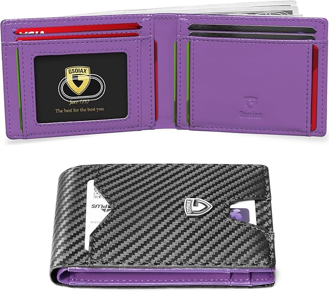 GSOIAX Mens Slim Wallet for Men Minimalist Genuine Leather Carbon Fiber Rfid Blocking Cowhide Bifold Credit Card Holder With Gift Box (Carbon Black and Purple)