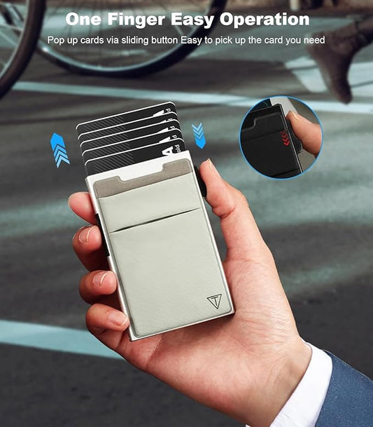 Slim Wallet for Men and Women,Pop Up Credit Card Wallet Metal Minimalist Cards Holder with Money Pocket,Small Ultralight Aluminum RFID Blocking Wallets 6-12 Card Capacity,Silver