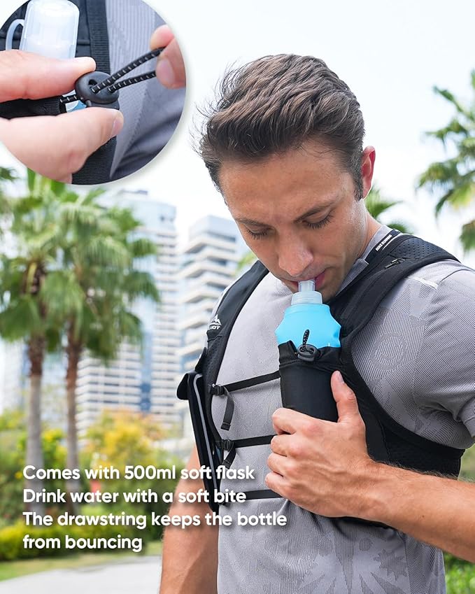 Running Vest for Women Men, USA Original Patent, Adjustable Chest Straps Running Hydration Vest with 500ml Soft Flask and Phone Holder, Lightweight Reflective Hydration Backpack
