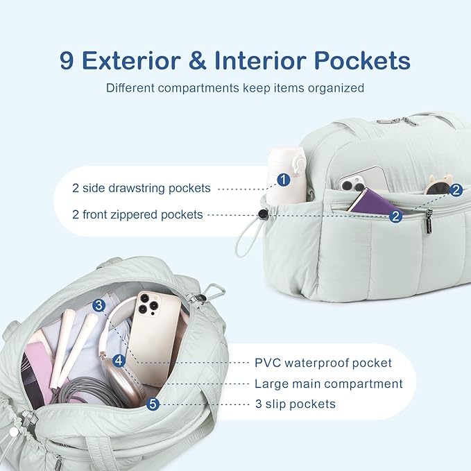 TOPDesign Travel Duffel Bag for Women, Puffer Gym Bag Sports Tote with Wet Pocket, Carry On Weekender with Luggage Sleeve (Serene Blue)