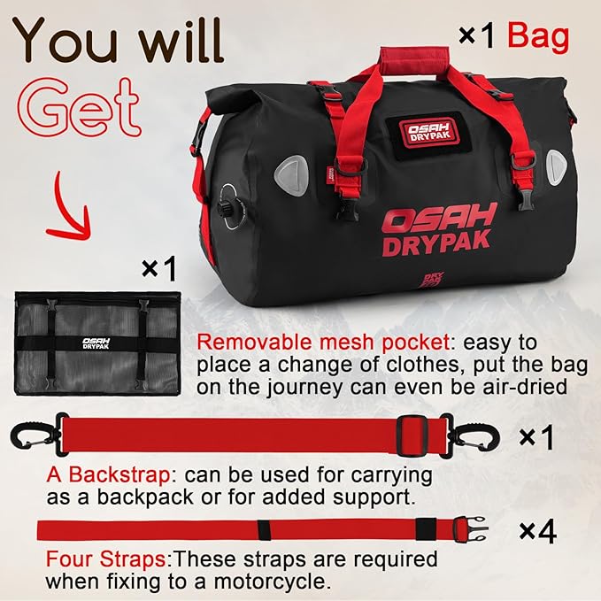Waterproof Duffel Bag - Motorcycle Dry Bag Tail Bag with Large Storage Space, Waterproof Luggage Duffle Bags with Outer Mesh Zipper Pocket for Camping, Kayaking, Fishing & Traveling