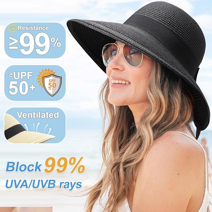DRESHOW Sun Hats for Women Travel Fedora Foldable Beach Sun Hat Summer Wide Brim Straw Bucket Hat with Bowknot UPF 50+