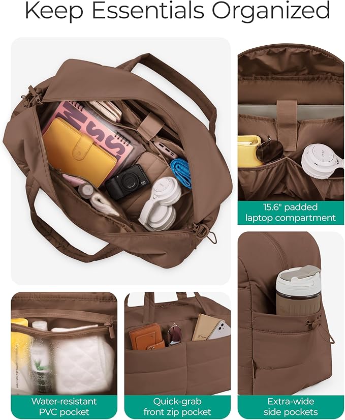 BAGSMART Gym Bag for Women, Lightweight Puffer Duffle Bag 2-PC Travel Bag, 31L Weekender Overnight Bag Quilted Carry On Tote Bag, Diaper Hospital Dance bag for Travel, Gym, Water Resistant