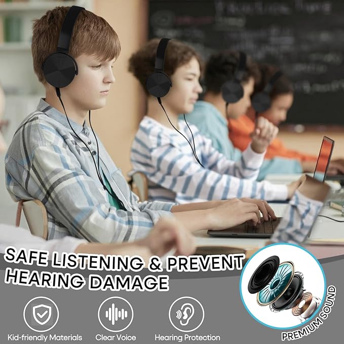 5 Pack Kids Headphones Bulk for School Classroom, Durable Students Wired Headset for Children Toddler Teen Boys Girls and Adult, Comfort On Ear Earphones for Laptop PC Chromebook (LS450, 5 Black)