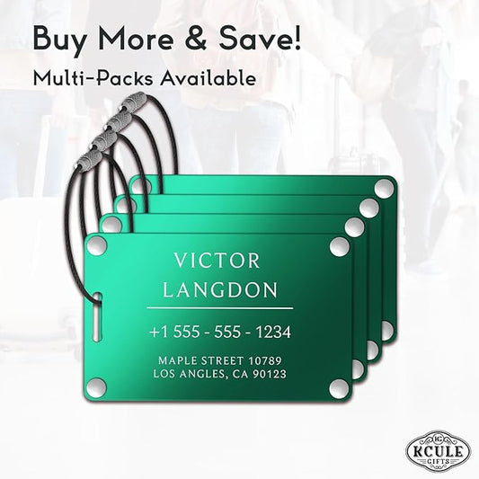 Personalized Luggage Tags for Suitcases - Aluminum Custom Luggage Tags for Backpacks & Bags, Sturdy, Waterproof & Heavy Duty (Green/Card-Sized)