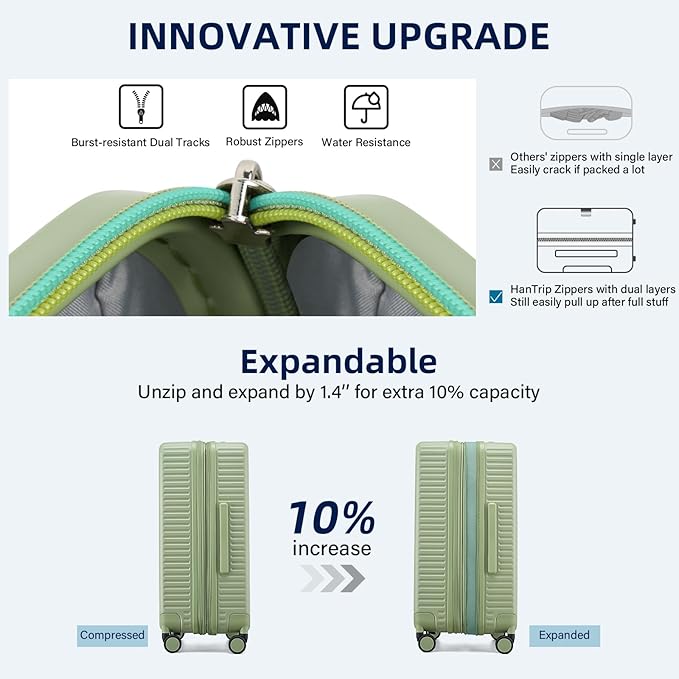 Hard Shell Suitcases Expandable Travel Luggage Sets 2 Piece, Carry on and Check in Luggage Lightweight Suitcase Set 2 Piece with Wheels Cup Holder Charger Built in (Bamboo Green, 20/28)