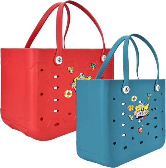 2-Piece Tote Bag Set, Waterproof Rubber Beach Bag with Summer Pattern, Medium & Large Handbag for Pool, Beach, Boat