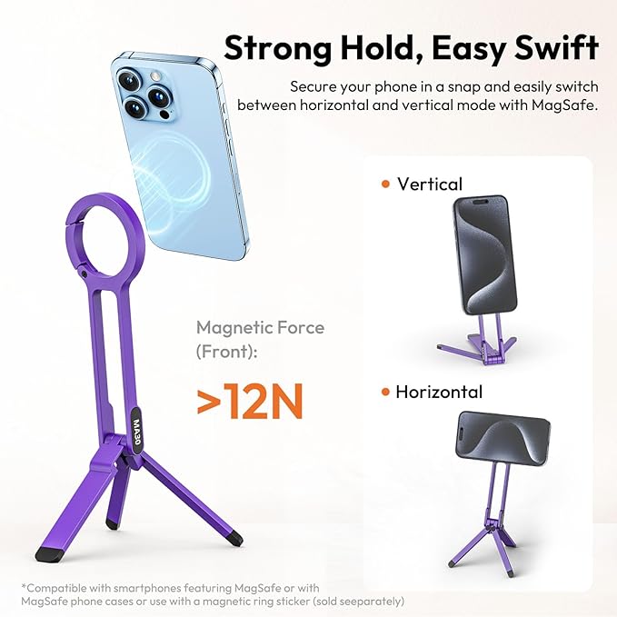 ULANZI MA30 Magnetic Phone Tripod Stand for iPhone-Aluminium Maglock Smartphone Mini Tripod Pocket Cell Phone Stand Strong Magnet Quick Mount Compatible with iPhone 17 16 15 14 13 12 Series, Purple